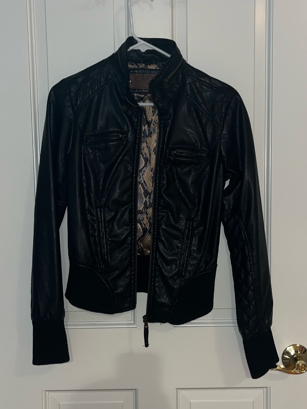 Women's Black Faux Leather Bomber Jacket - Sleek Coat